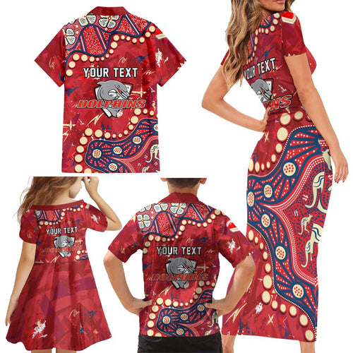Personalized Dolphins Rugby Family Matching Short Sleeve Bodycon Dress and Hawaiian Shirt Aboriginal Pattern with Graffiti Style Design