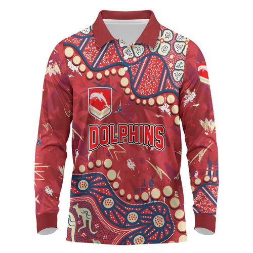 Personalized Dolphins Rugby Long Sleeve Polo Shirt Aboriginal Pattern with Graffiti Style Design