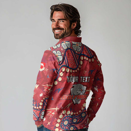 Personalized Dolphins Rugby Long Sleeve Polo Shirt Aboriginal Pattern with Graffiti Style Design