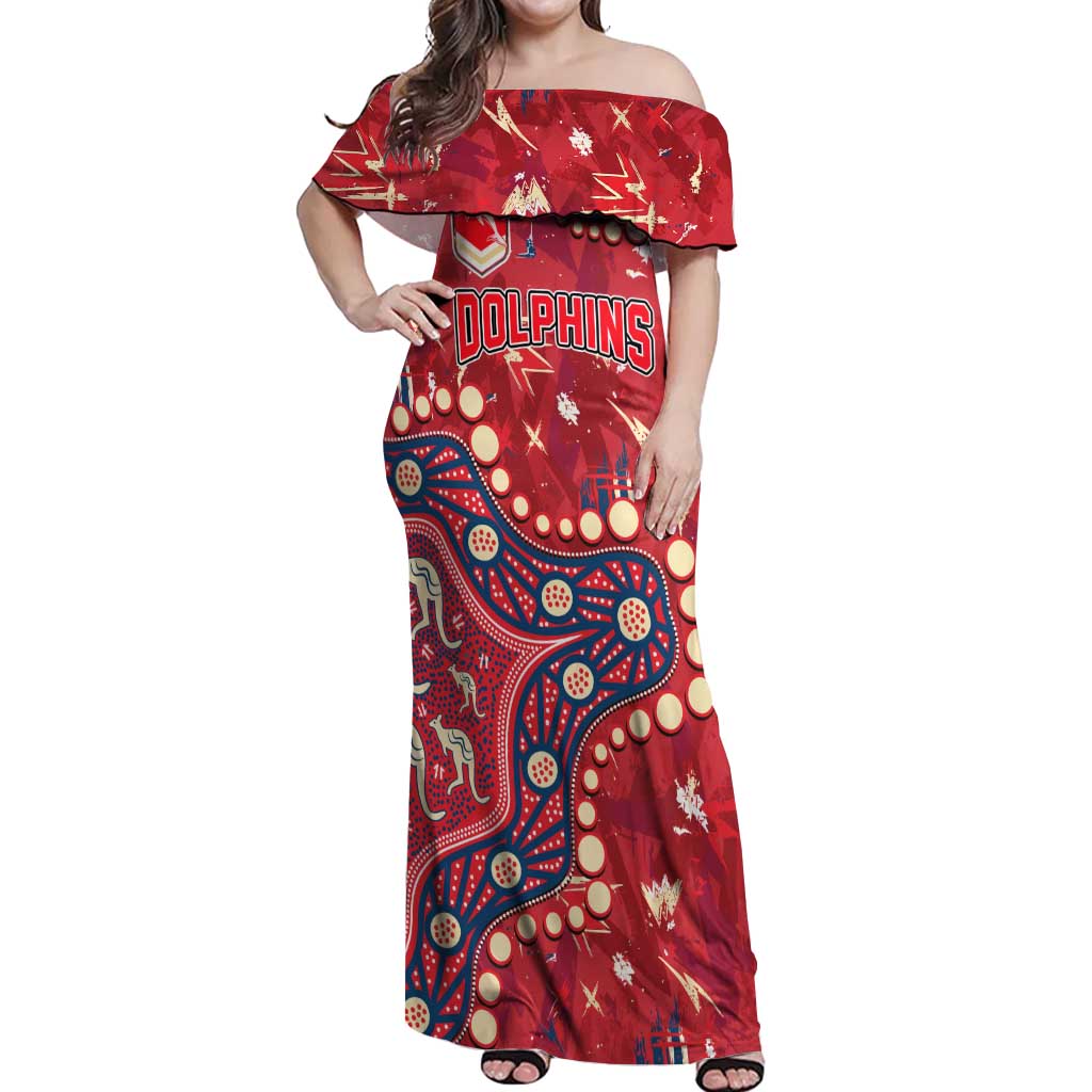 Personalized Dolphins Rugby Off Shoulder Maxi Dress Aboriginal Pattern with Graffiti Style Design