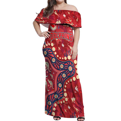 Personalized Dolphins Rugby Off Shoulder Maxi Dress Aboriginal Pattern with Graffiti Style Design