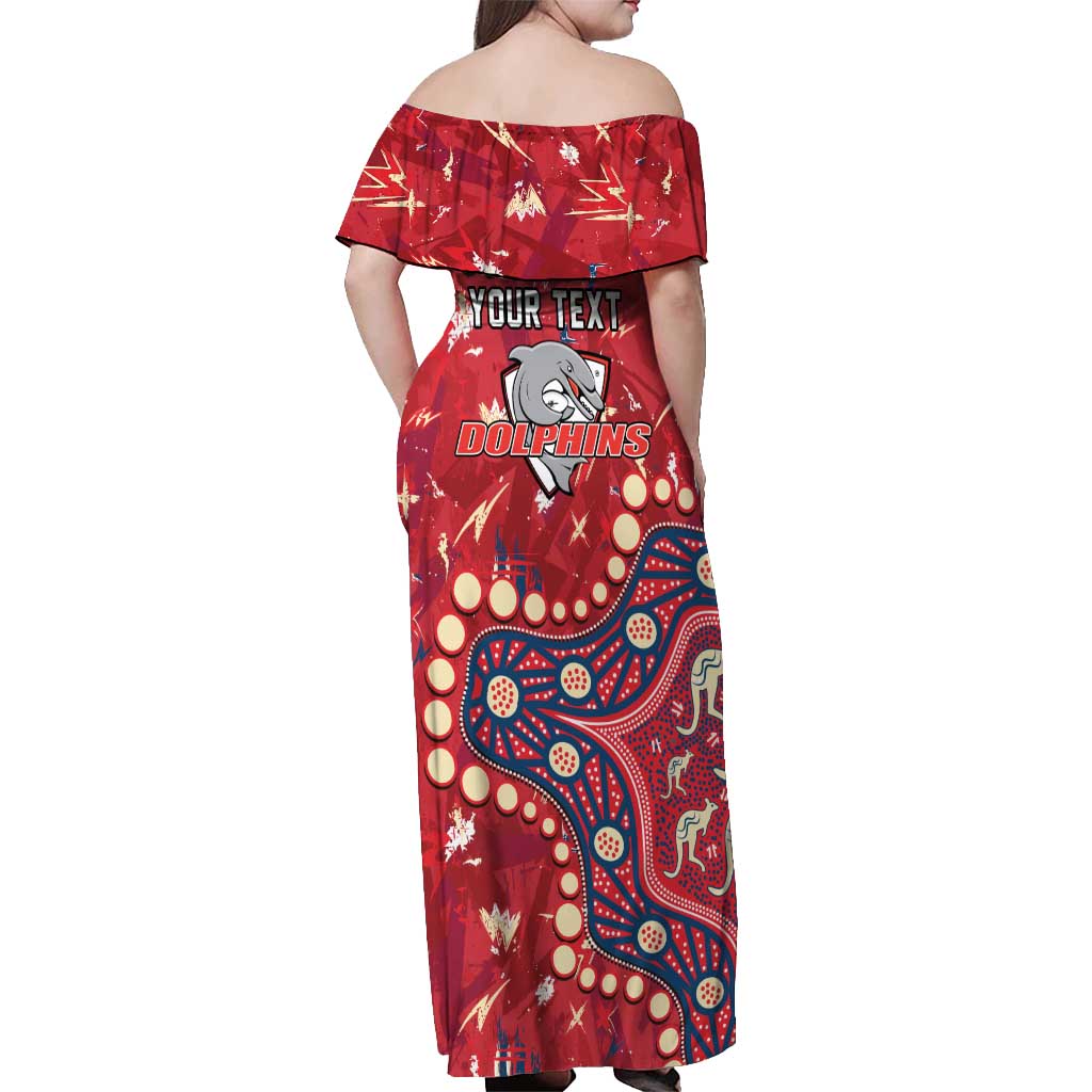 Personalized Dolphins Rugby Off Shoulder Maxi Dress Aboriginal Pattern with Graffiti Style Design