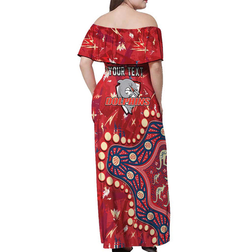 Personalized Dolphins Rugby Off Shoulder Maxi Dress Aboriginal Pattern with Graffiti Style Design