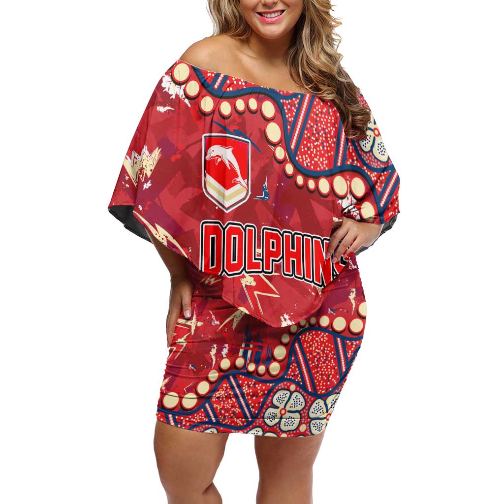 Personalized Dolphins Rugby Off Shoulder Short Dress Aboriginal Pattern with Graffiti Style Design