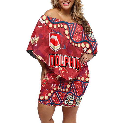 Personalized Dolphins Rugby Off Shoulder Short Dress Aboriginal Pattern with Graffiti Style Design