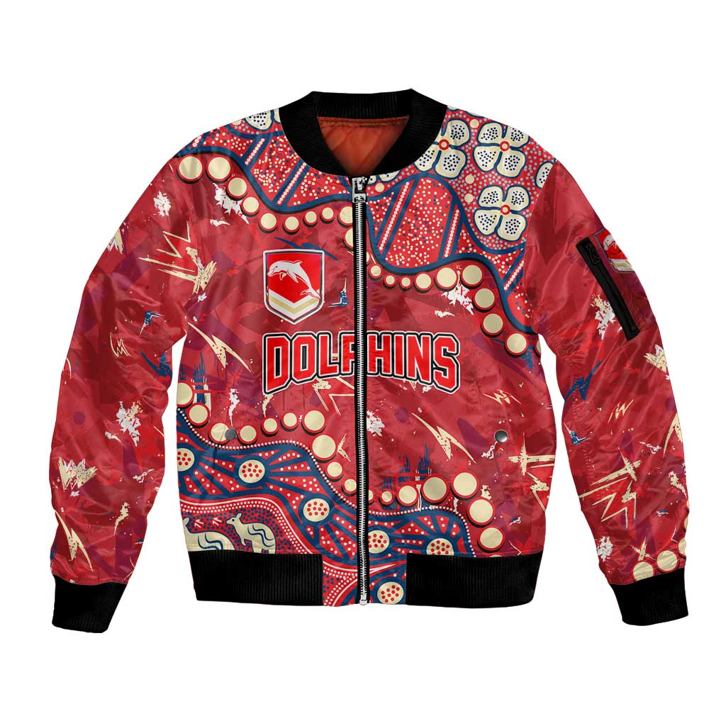 Personalized Dolphins Rugby Sleeve Zip Bomber Jacket Aboriginal Pattern with Graffiti Style Design