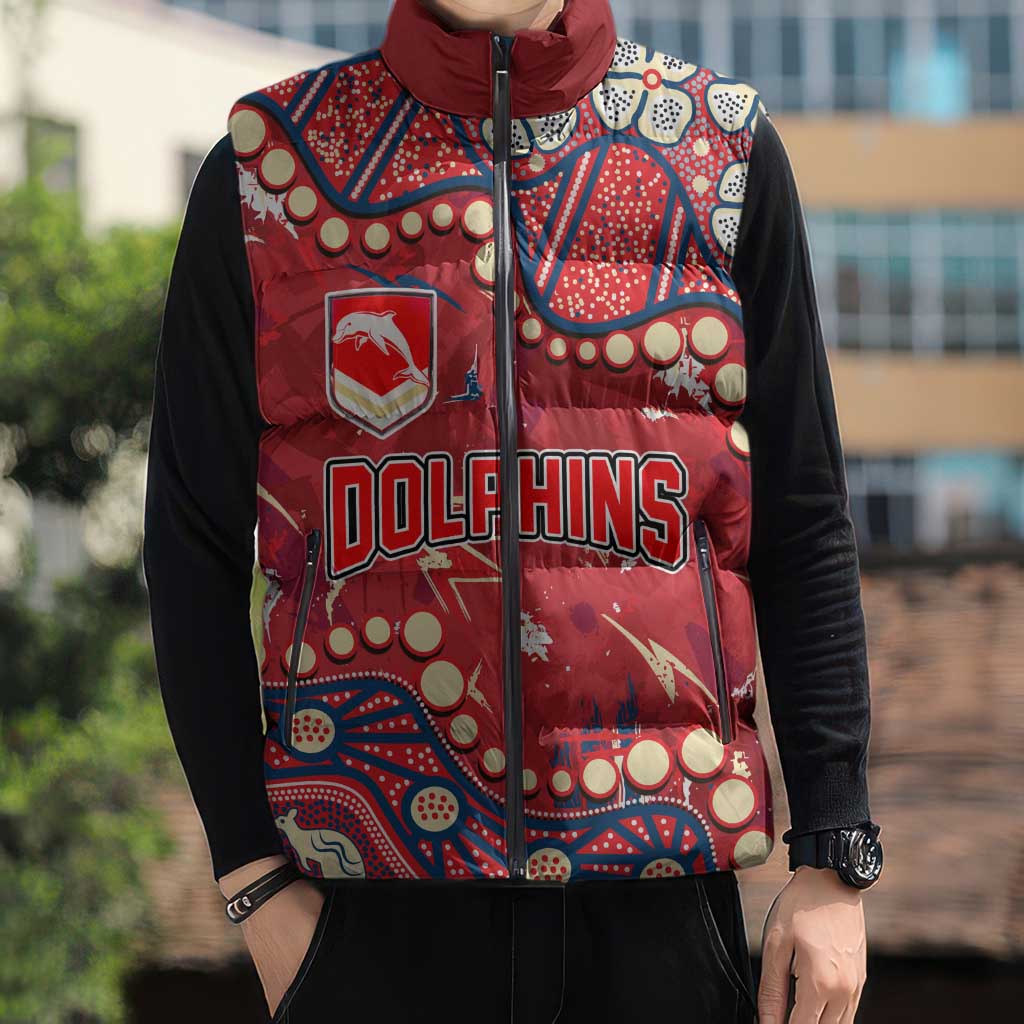 Personalized Dolphins Rugby Sleeveless Puffer Jacket Aboriginal Pattern with Graffiti Style Design