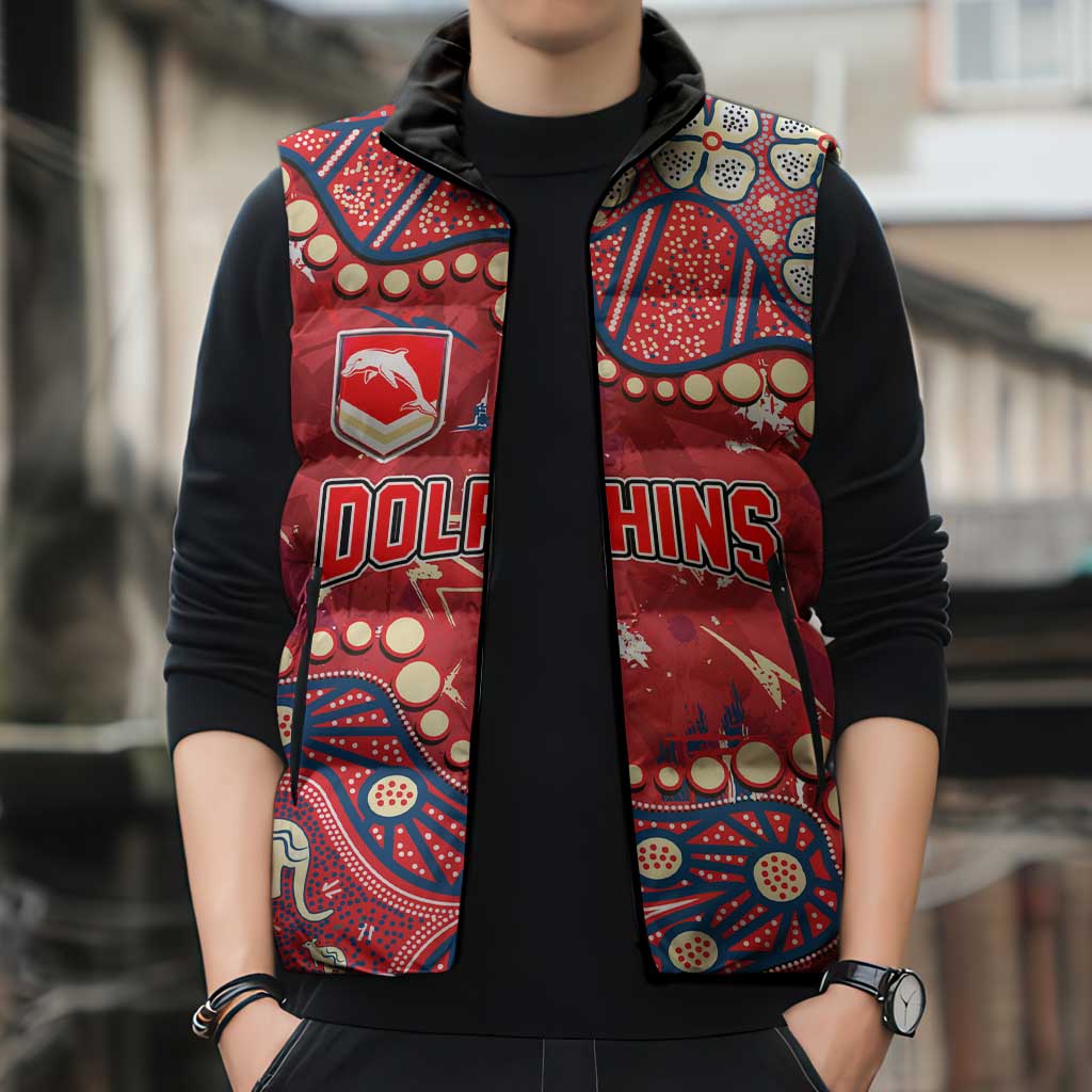 Personalized Dolphins Rugby Sleeveless Puffer Jacket Aboriginal Pattern with Graffiti Style Design