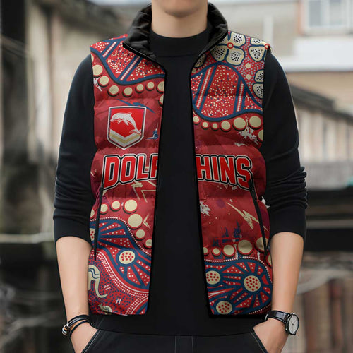 Personalized Dolphins Rugby Sleeveless Puffer Jacket Aboriginal Pattern with Graffiti Style Design