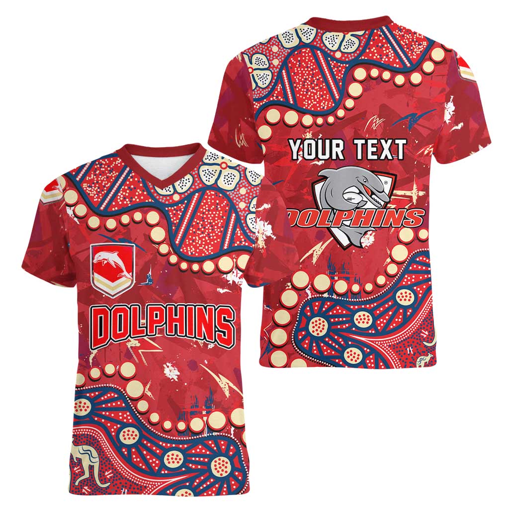 Personalized Dolphins Rugby Women V-Neck T-Shirt Aboriginal Pattern with Graffiti Style Design