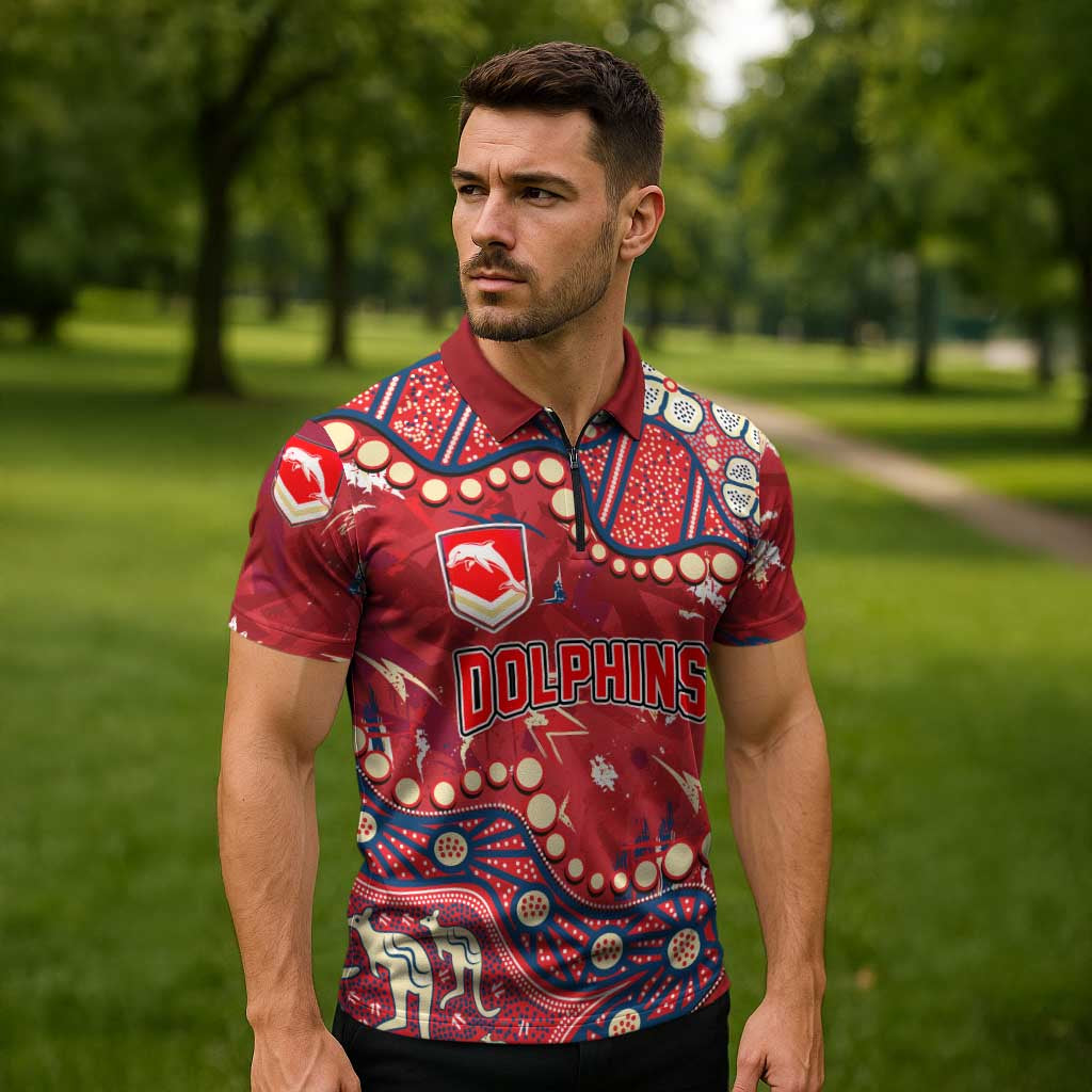 Personalized Dolphins Rugby Zipper Polo Shirt Aboriginal Pattern with Graffiti Style Design