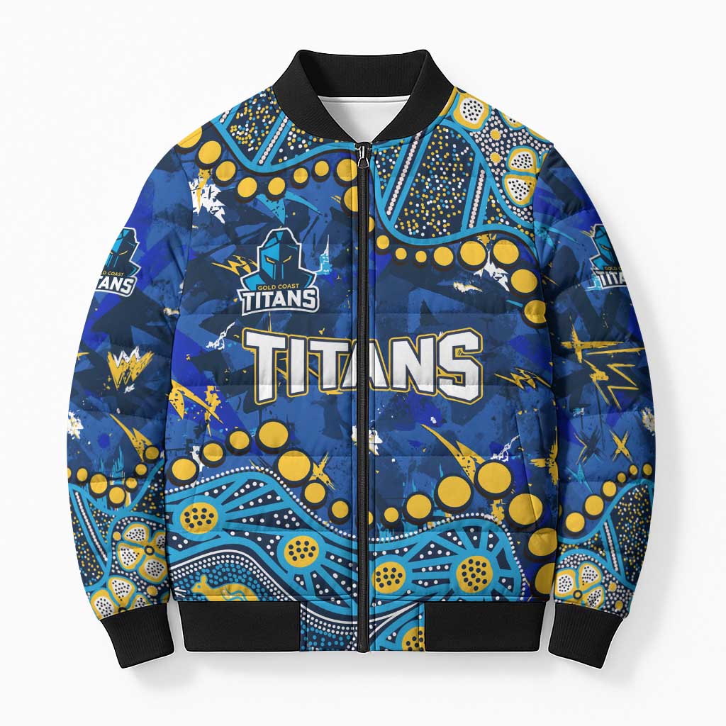 Personalized Gold Coast Titans Bomber Puffer Jacket Aboriginal Pattern with Graffiti Style Design