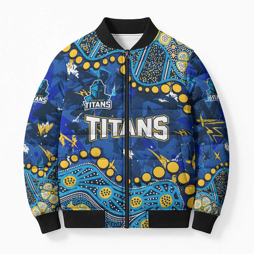 Personalized Gold Coast Titans Bomber Puffer Jacket Aboriginal Pattern with Graffiti Style Design