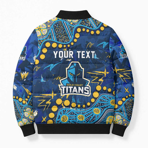 Personalized Gold Coast Titans Bomber Puffer Jacket Aboriginal Pattern with Graffiti Style Design