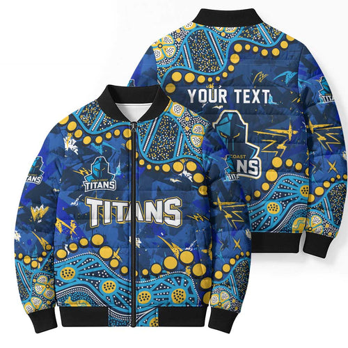 Personalized Gold Coast Titans Bomber Puffer Jacket Aboriginal Pattern with Graffiti Style Design