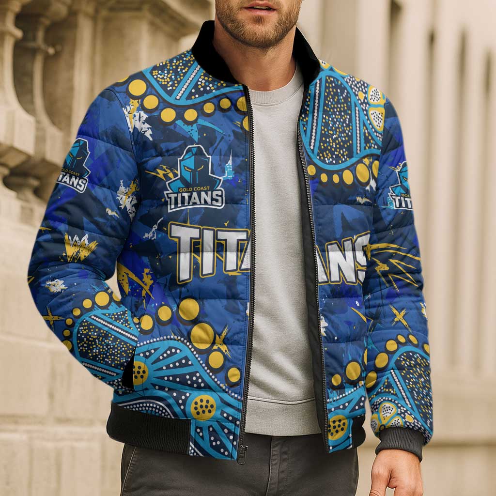 Personalized Gold Coast Titans Bomber Puffer Jacket Aboriginal Pattern with Graffiti Style Design