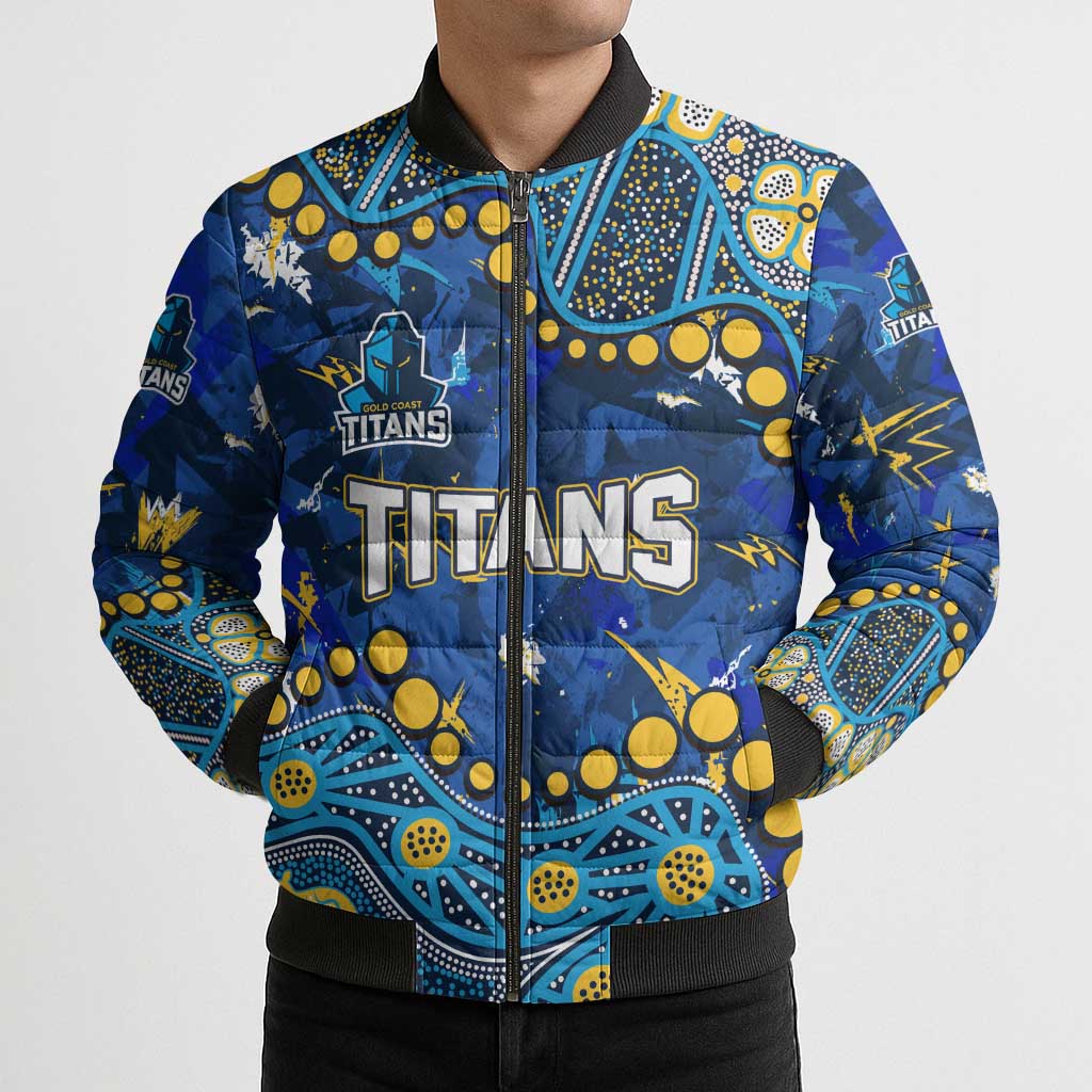 Personalized Gold Coast Titans Bomber Puffer Jacket Aboriginal Pattern with Graffiti Style Design