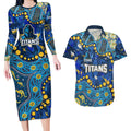Personalized Gold Coast Titans Couples Matching Long Sleeve Bodycon Dress and Hawaiian Shirt Aboriginal Pattern with Graffiti Style Design