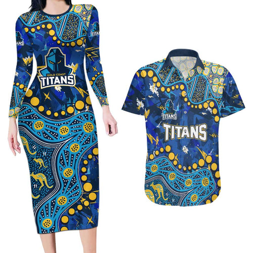 Personalized Gold Coast Titans Couples Matching Long Sleeve Bodycon Dress and Hawaiian Shirt Aboriginal Pattern with Graffiti Style Design