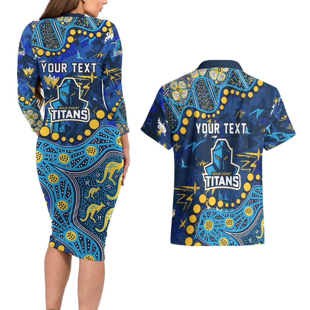 Personalized Gold Coast Titans Couples Matching Long Sleeve Bodycon Dress and Hawaiian Shirt Aboriginal Pattern with Graffiti Style Design