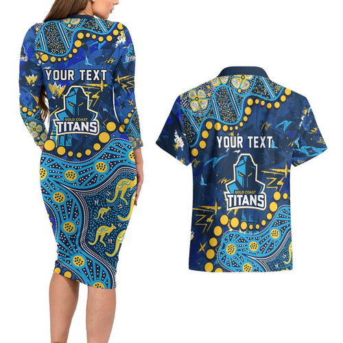 Personalized Gold Coast Titans Couples Matching Long Sleeve Bodycon Dress and Hawaiian Shirt Aboriginal Pattern with Graffiti Style Design