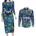 Personalized Gold Coast Titans Couples Matching Long Sleeve Bodycon Dress and Long Sleeve Button Shirt Aboriginal Pattern with Graffiti Style Design