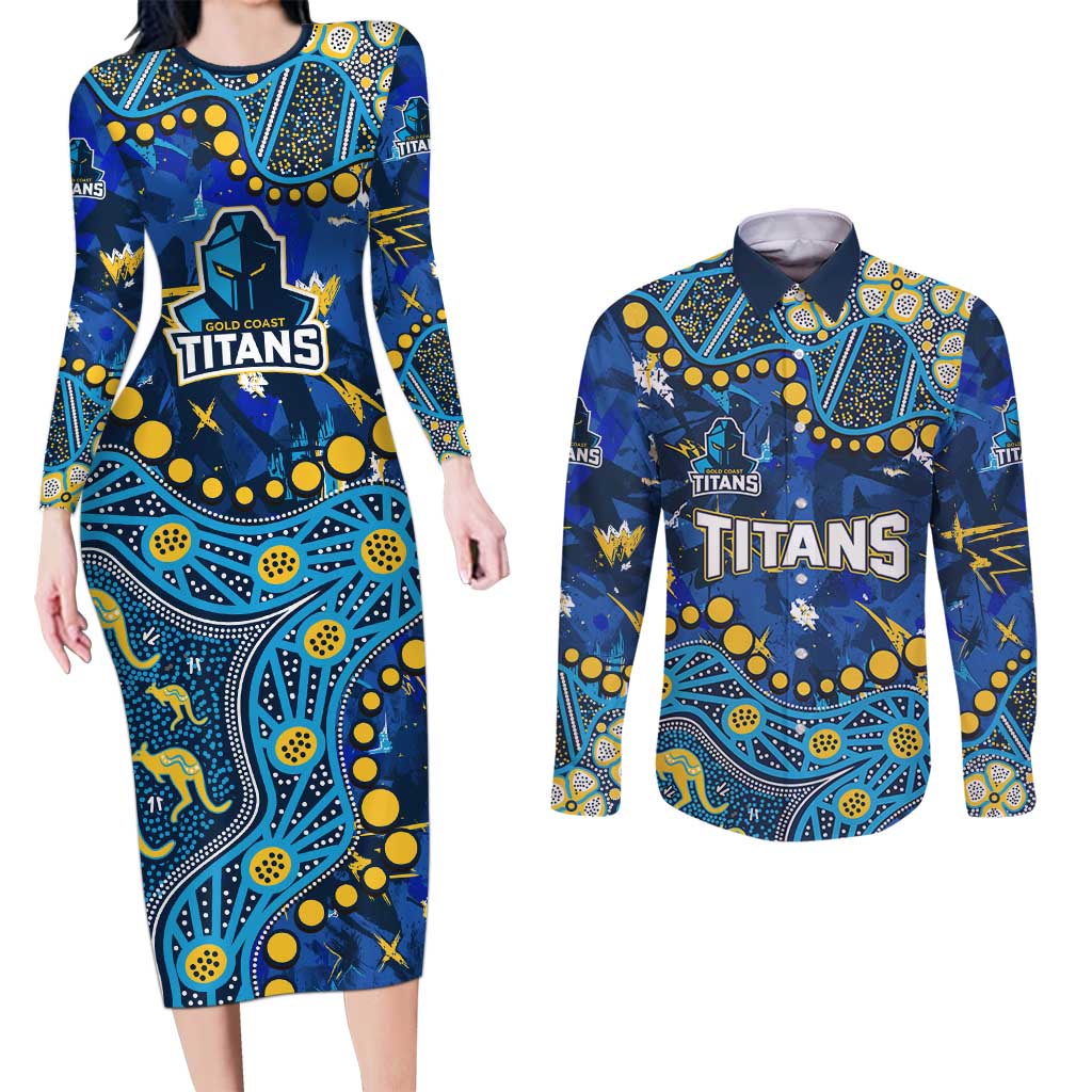 Personalized Gold Coast Titans Couples Matching Long Sleeve Bodycon Dress and Long Sleeve Button Shirt Aboriginal Pattern with Graffiti Style Design