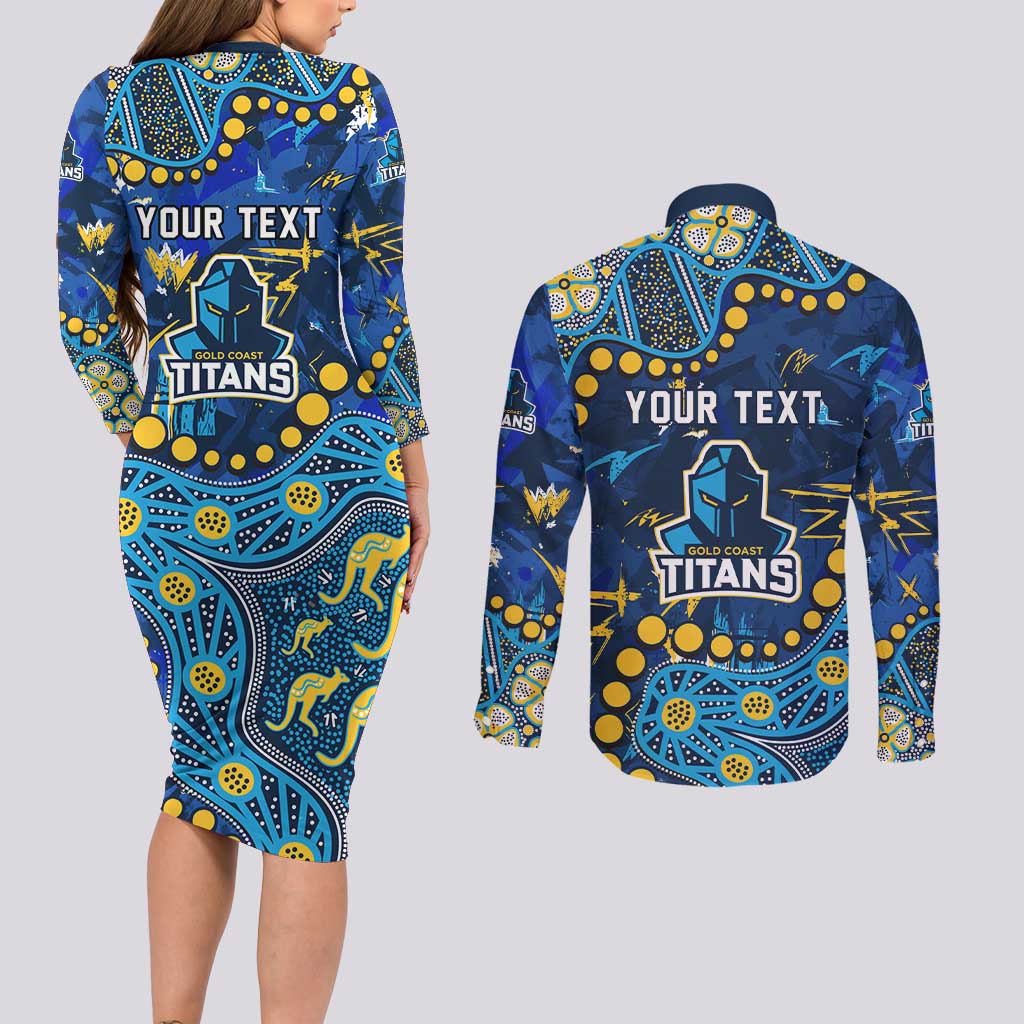 Personalized Gold Coast Titans Couples Matching Long Sleeve Bodycon Dress and Long Sleeve Button Shirt Aboriginal Pattern with Graffiti Style Design