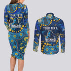 Personalized Gold Coast Titans Couples Matching Long Sleeve Bodycon Dress and Long Sleeve Button Shirt Aboriginal Pattern with Graffiti Style Design