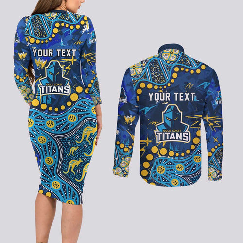 Personalized Gold Coast Titans Couples Matching Long Sleeve Bodycon Dress and Long Sleeve Button Shirt Aboriginal Pattern with Graffiti Style Design