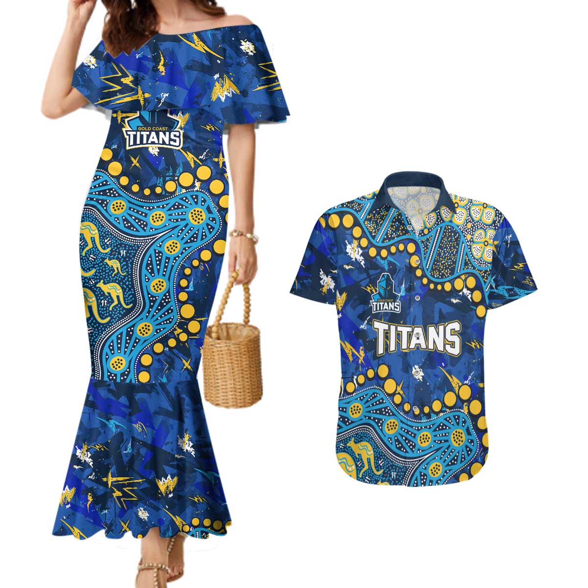 Personalized Gold Coast Titans Couples Matching Mermaid Dress and Hawaiian Shirt Aboriginal Pattern with Graffiti Style Design