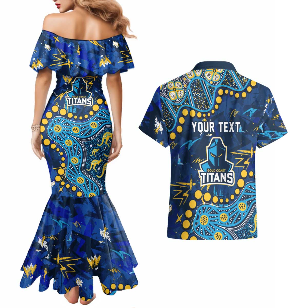 Personalized Gold Coast Titans Couples Matching Mermaid Dress and Hawaiian Shirt Aboriginal Pattern with Graffiti Style Design