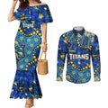 Personalized Gold Coast Titans Couples Matching Mermaid Dress and Long Sleeve Button Shirt Aboriginal Pattern with Graffiti Style Design