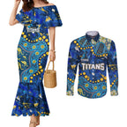 Personalized Gold Coast Titans Couples Matching Mermaid Dress and Long Sleeve Button Shirt Aboriginal Pattern with Graffiti Style Design