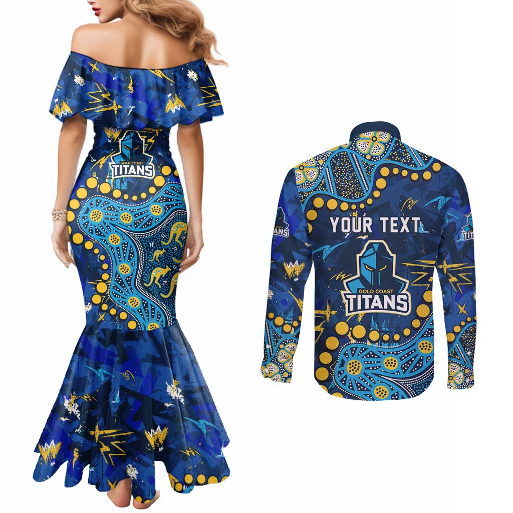 Personalized Gold Coast Titans Couples Matching Mermaid Dress and Long Sleeve Button Shirt Aboriginal Pattern with Graffiti Style Design
