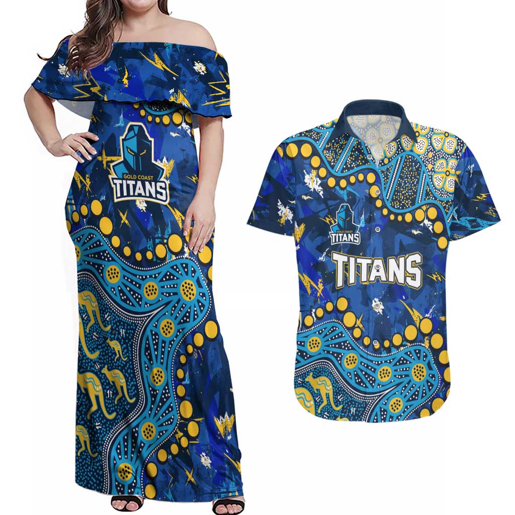 Personalized Gold Coast Titans Couples Matching Off Shoulder Maxi Dress and Hawaiian Shirt Aboriginal Pattern with Graffiti Style Design