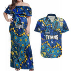 Personalized Gold Coast Titans Couples Matching Off Shoulder Maxi Dress and Hawaiian Shirt Aboriginal Pattern with Graffiti Style Design