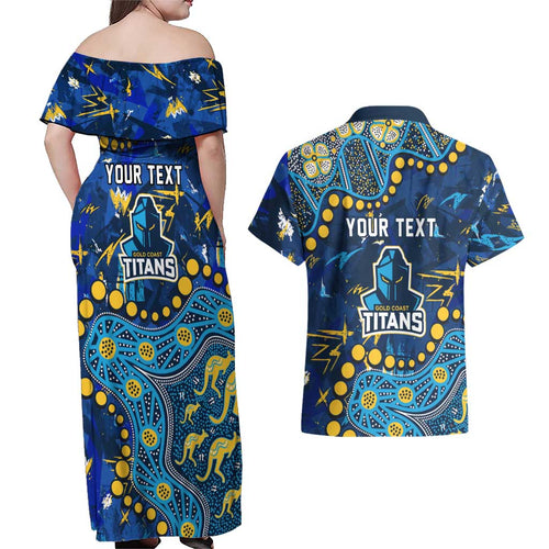 Personalized Gold Coast Titans Couples Matching Off Shoulder Maxi Dress and Hawaiian Shirt Aboriginal Pattern with Graffiti Style Design