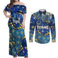 Personalized Gold Coast Titans Couples Matching Off Shoulder Maxi Dress and Long Sleeve Button Shirt Aboriginal Pattern with Graffiti Style Design
