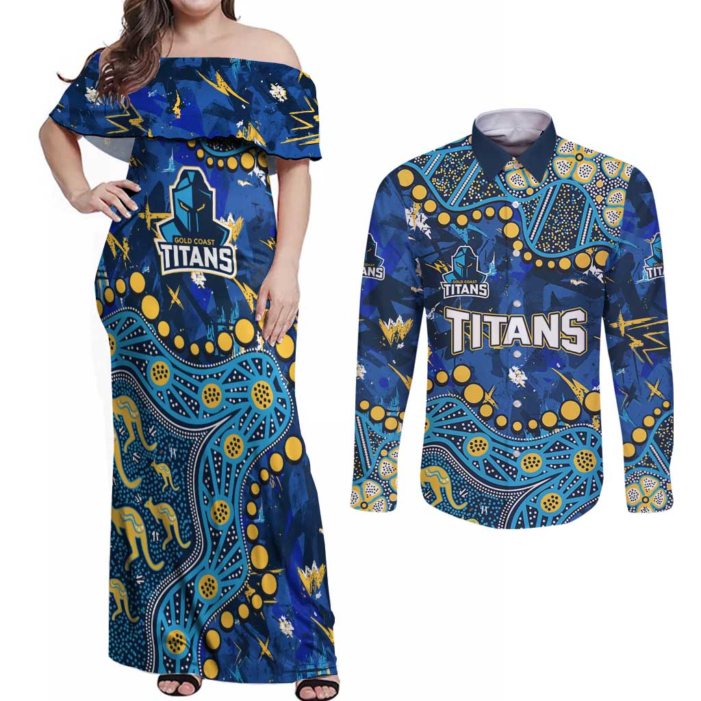 Personalized Gold Coast Titans Couples Matching Off Shoulder Maxi Dress and Long Sleeve Button Shirt Aboriginal Pattern with Graffiti Style Design