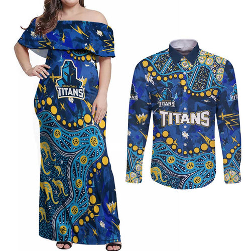 Personalized Gold Coast Titans Couples Matching Off Shoulder Maxi Dress and Long Sleeve Button Shirt Aboriginal Pattern with Graffiti Style Design