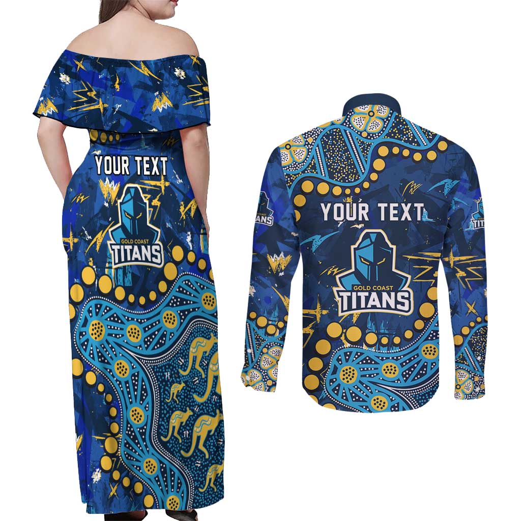 Personalized Gold Coast Titans Couples Matching Off Shoulder Maxi Dress and Long Sleeve Button Shirt Aboriginal Pattern with Graffiti Style Design