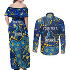 Personalized Gold Coast Titans Couples Matching Off Shoulder Maxi Dress and Long Sleeve Button Shirt Aboriginal Pattern with Graffiti Style Design