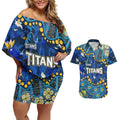 Personalized Gold Coast Titans Couples Matching Off Shoulder Short Dress and Hawaiian Shirt Aboriginal Pattern with Graffiti Style Design