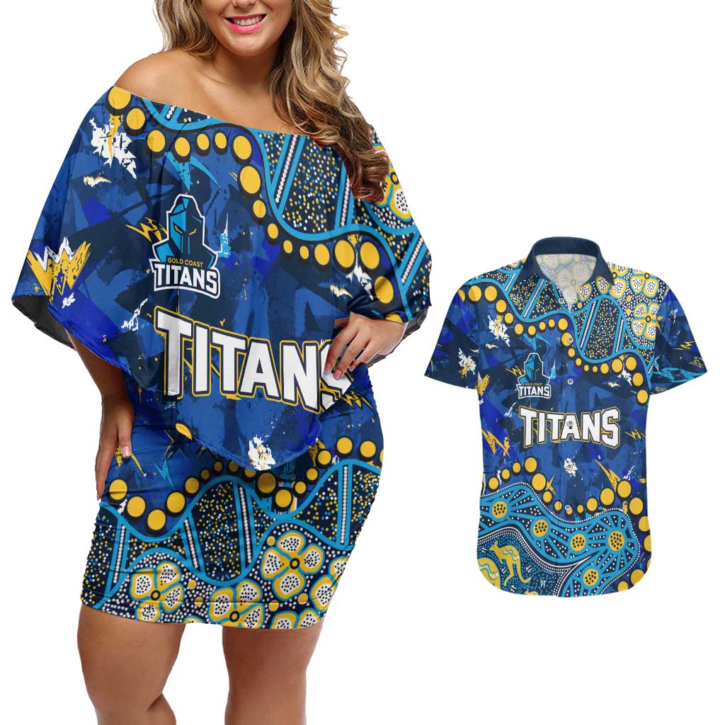 Personalized Gold Coast Titans Couples Matching Off Shoulder Short Dress and Hawaiian Shirt Aboriginal Pattern with Graffiti Style Design