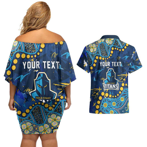 Personalized Gold Coast Titans Couples Matching Off Shoulder Short Dress and Hawaiian Shirt Aboriginal Pattern with Graffiti Style Design