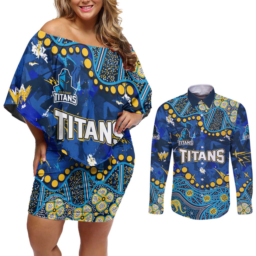 Personalized Gold Coast Titans Couples Matching Off Shoulder Short Dress and Long Sleeve Button Shirt Aboriginal Pattern with Graffiti Style Design