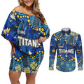 Personalized Gold Coast Titans Couples Matching Off Shoulder Short Dress and Long Sleeve Button Shirt Aboriginal Pattern with Graffiti Style Design