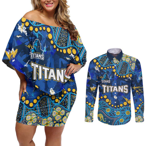 Personalized Gold Coast Titans Couples Matching Off Shoulder Short Dress and Long Sleeve Button Shirt Aboriginal Pattern with Graffiti Style Design