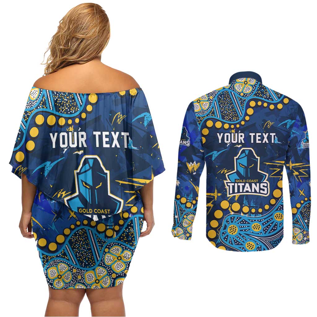 Personalized Gold Coast Titans Couples Matching Off Shoulder Short Dress and Long Sleeve Button Shirt Aboriginal Pattern with Graffiti Style Design